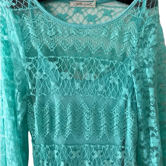Turquoise Lace Mini Dress with Long Sleeves & Tiered Ruffle Hem - Picture 2 of 5